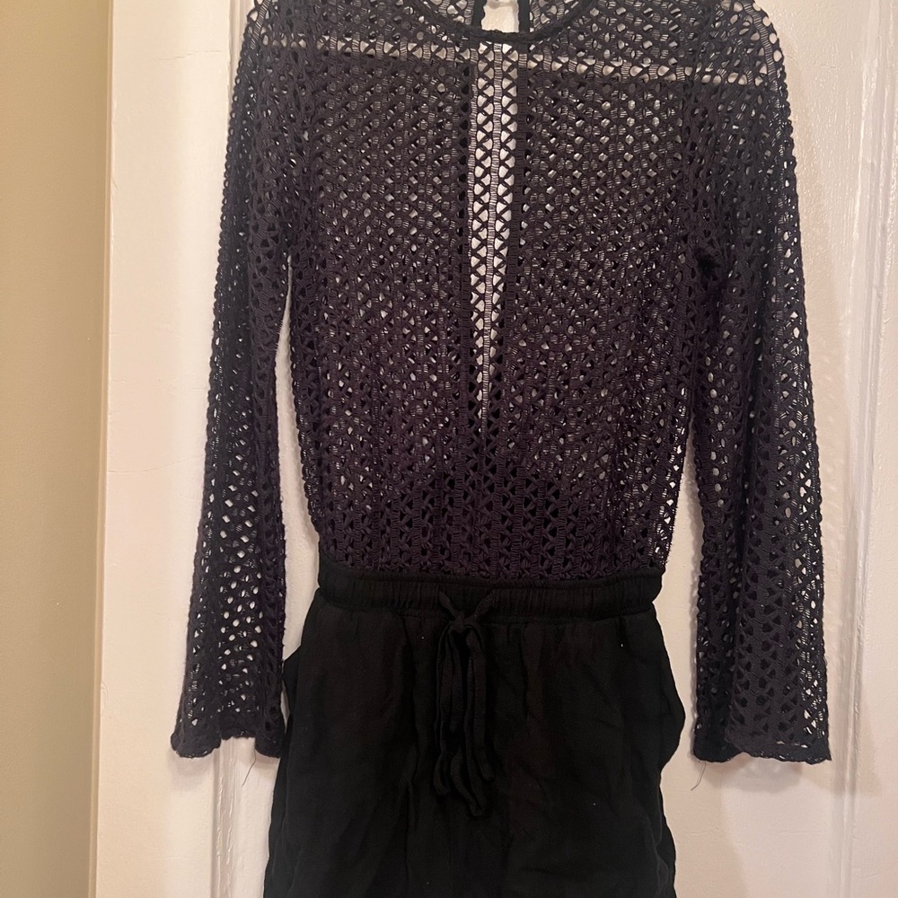Black Crochet Knit Long Sleeve Top